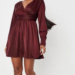 Missguided Mini Dress- Wine Satin Balloon Sleeve Pleat Waist